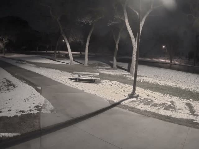 A concrete path winds through a park with snow-dusted ground and bare trees, illuminated by streetlights on a clear, cold night.