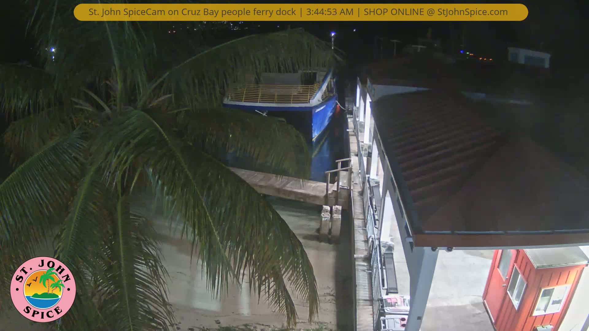 A nighttime view shows a docked ferry boat next to a palm tree-lined sandy area and a building at a dock.