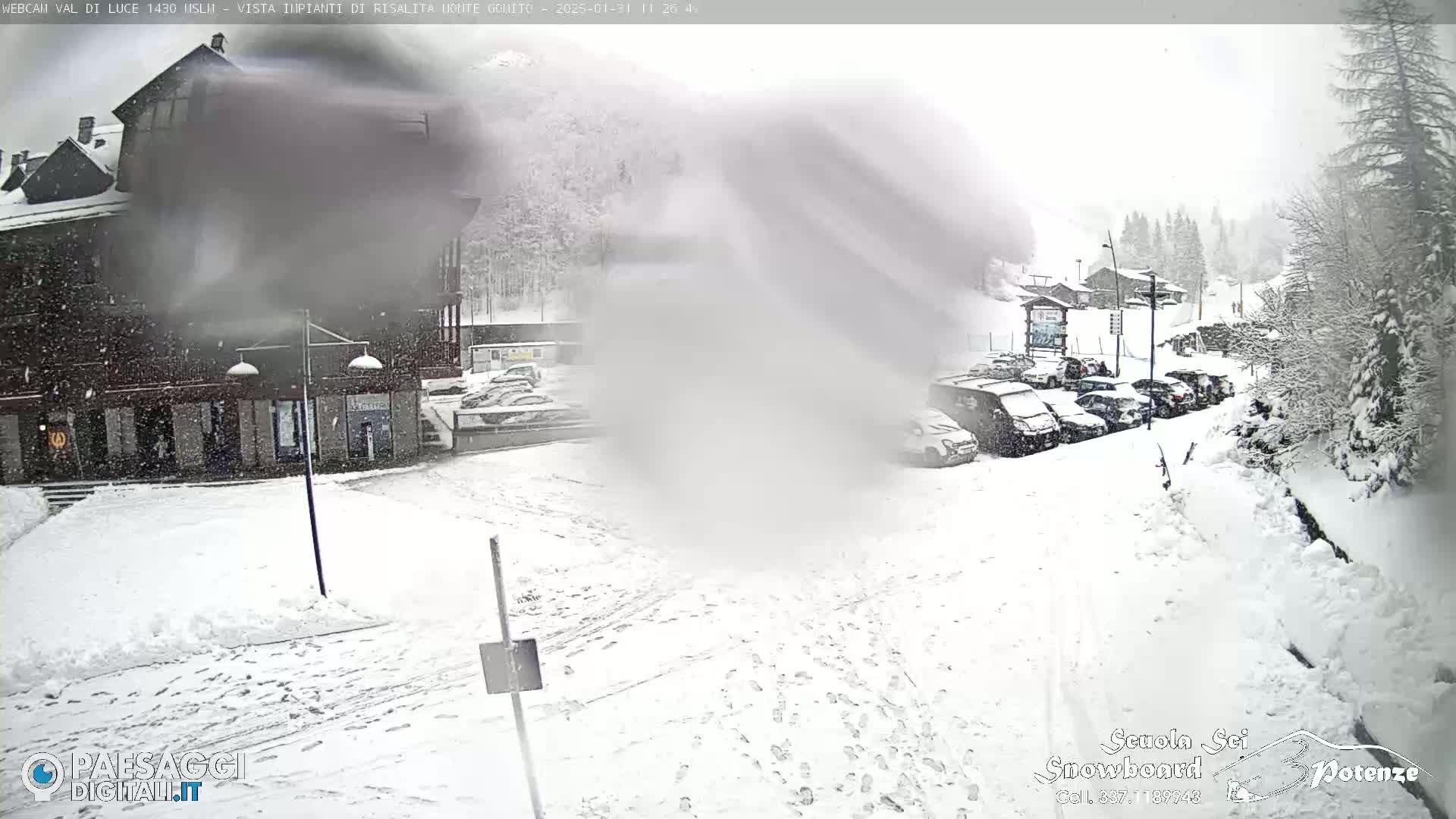 A snow-covered parking lot with cars and a building in the background during a heavy snowfall.