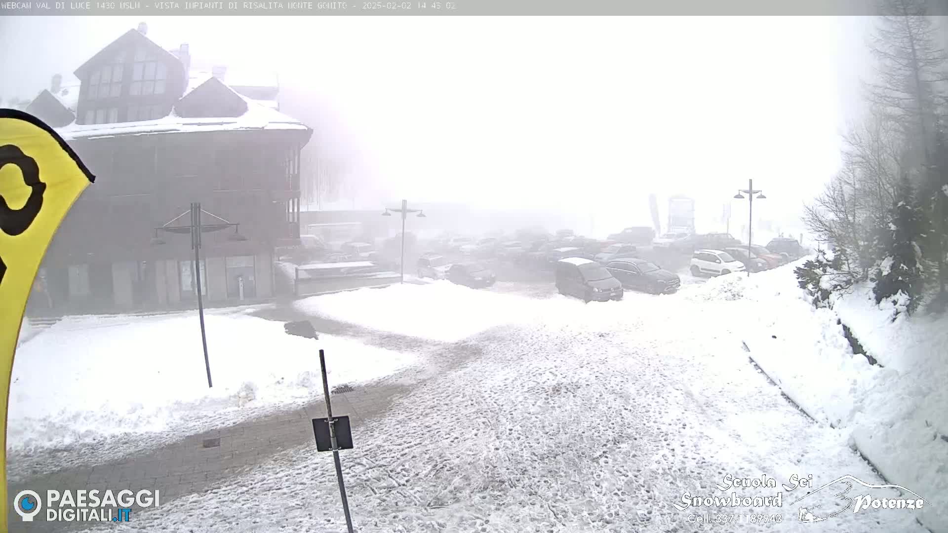 A snow-covered parking lot and building are visible through heavy fog.
