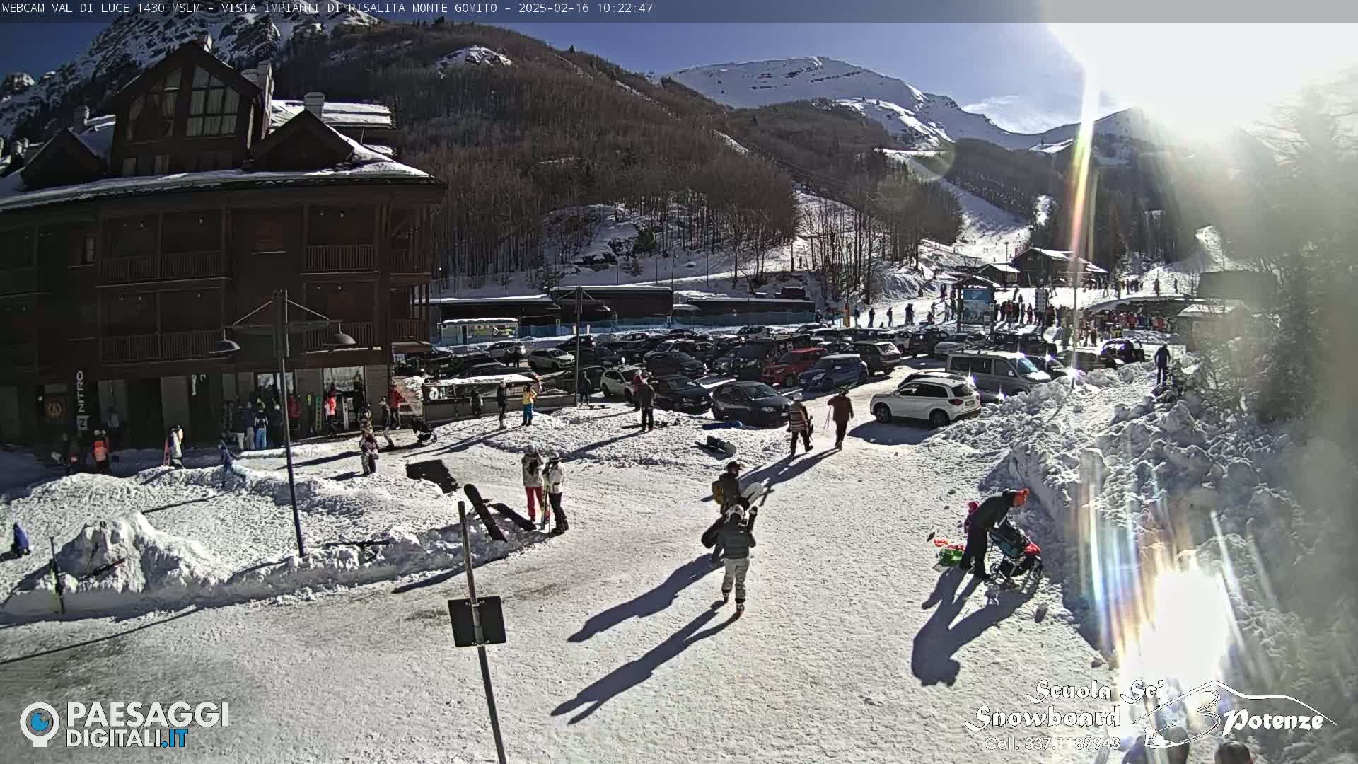A sunny day at a snowy mountain resort shows a parking lot full of cars, people walking around, and a multi-story building.