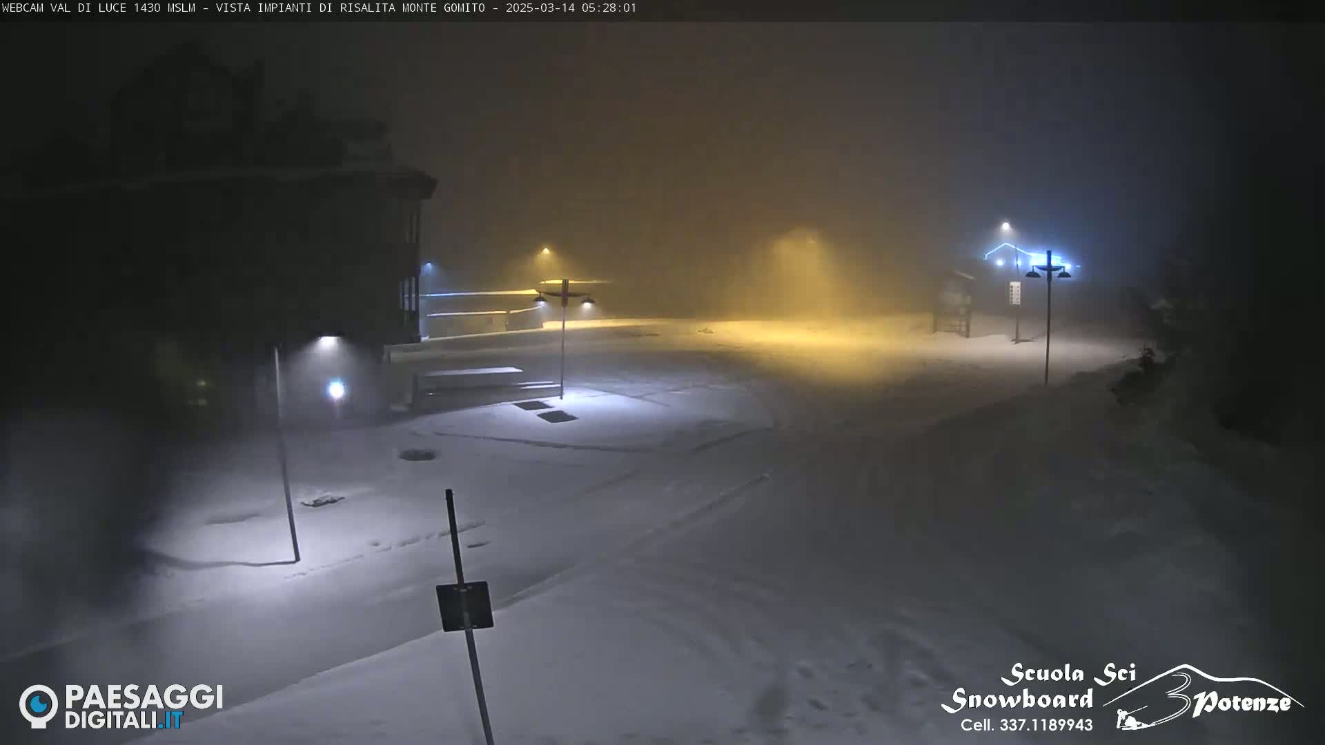 A snow-covered area at night is dimly lit by streetlights in foggy conditions.