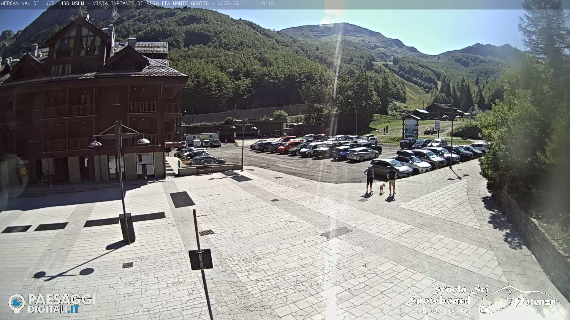 A sunny mountainside parking lot with a large building and a couple walking dogs is visible.