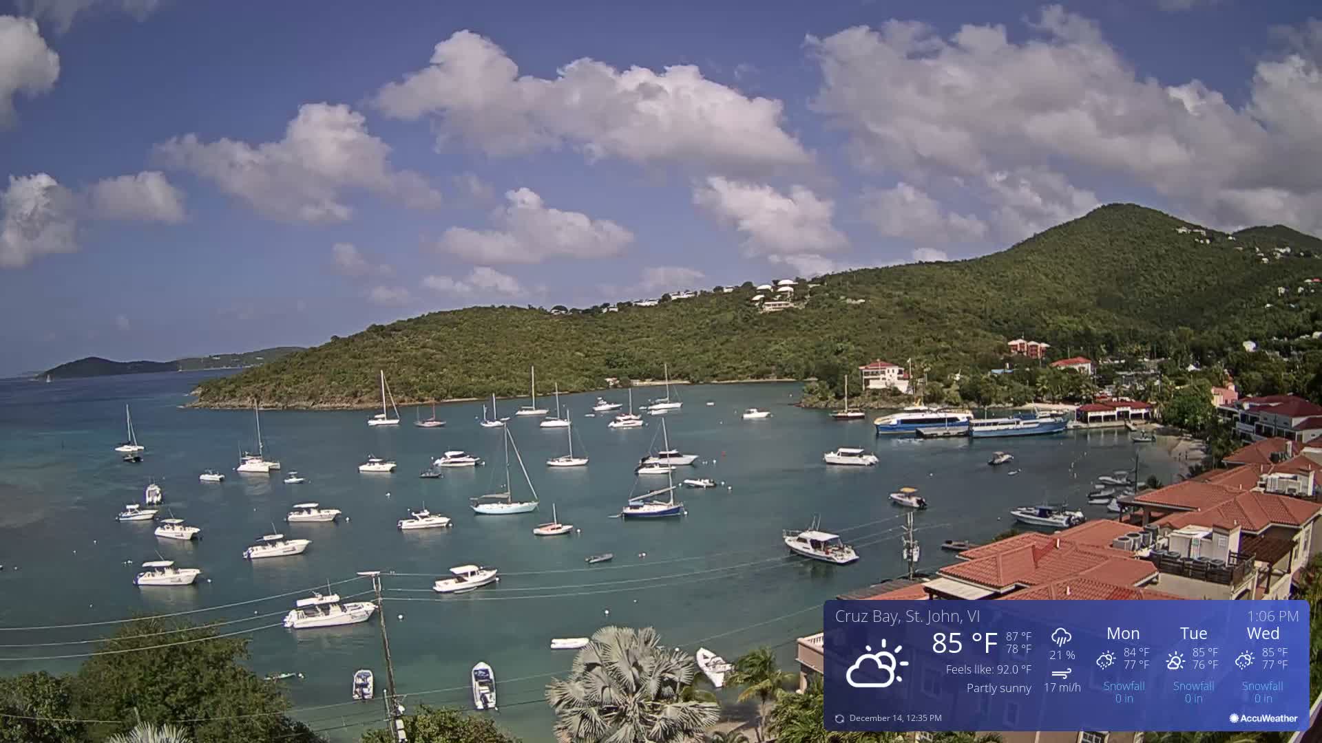 A grayscale nighttime image presents a wide view of a bay densely populated with various boats at anchor, with a softly lit coastline featuring buildings to the right and obscured hills in the distance, all beneath a dark, hazy sky.