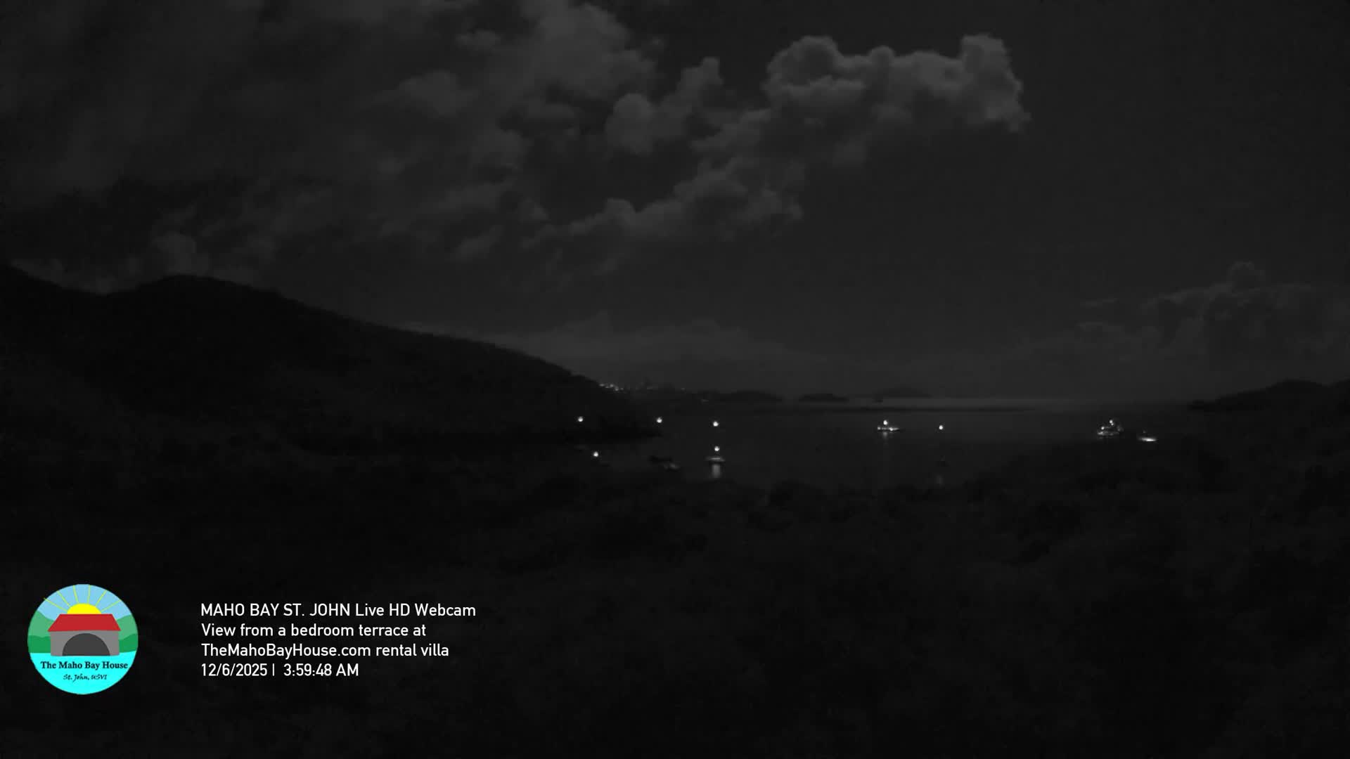 A dark, cloudy night reveals a bay with scattered lights from boats and a distant shore, framed by shadowed hills.