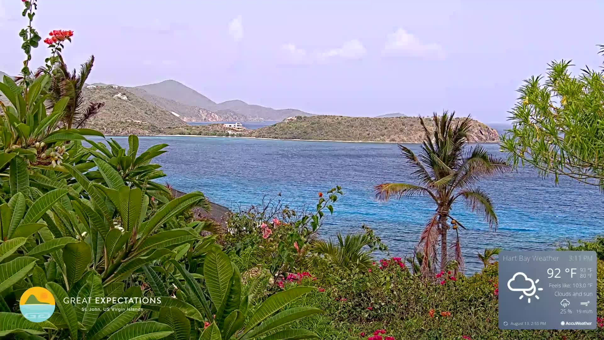 A tropical vista shows lush green vegetation in the foreground, overlooking a calm, blue ocean with a small island and distant hills under partly cloudy skies.