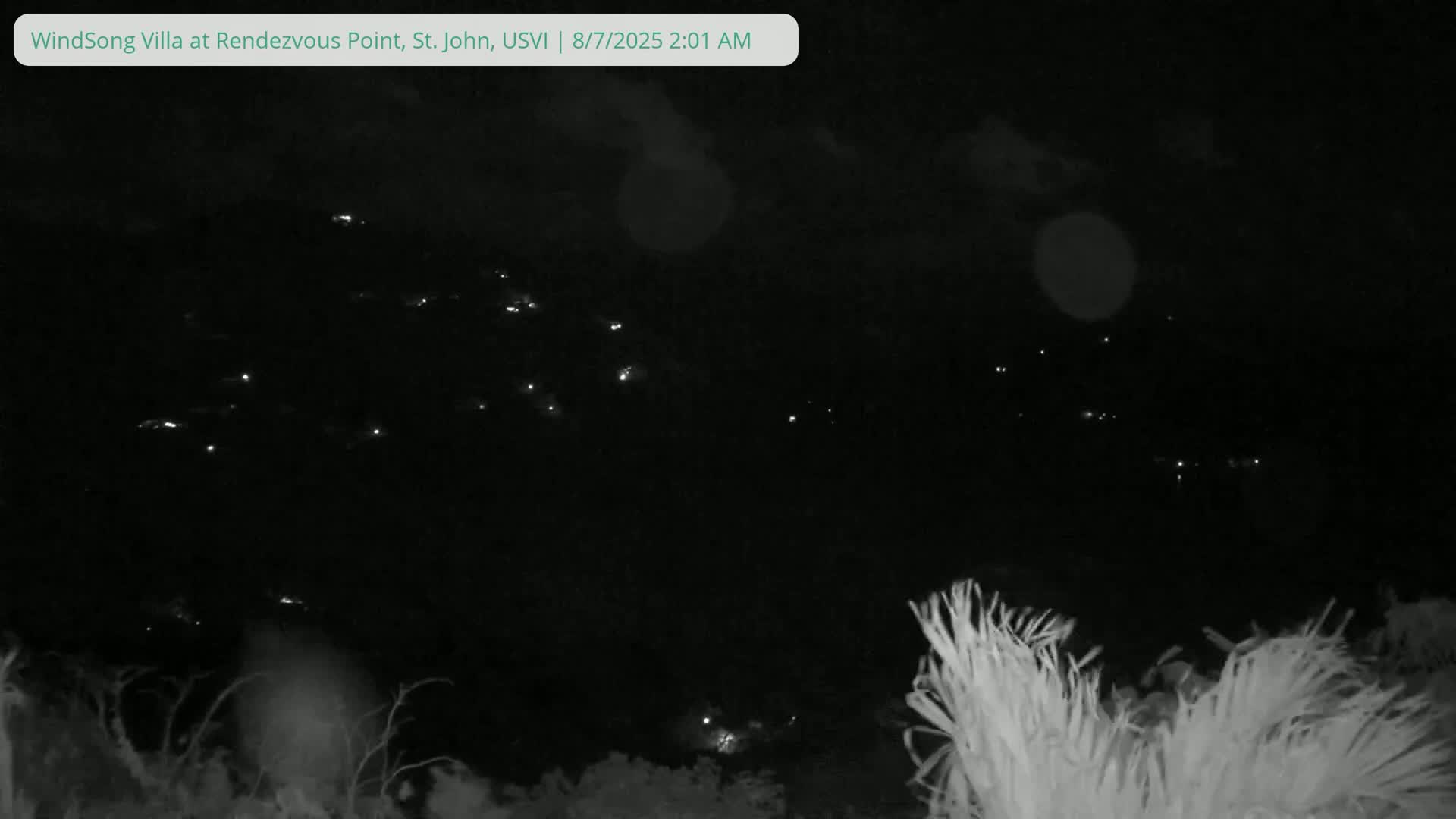 A nighttime view shows distant lights in a dark landscape with some vegetation in the foreground under a mostly cloudy sky.