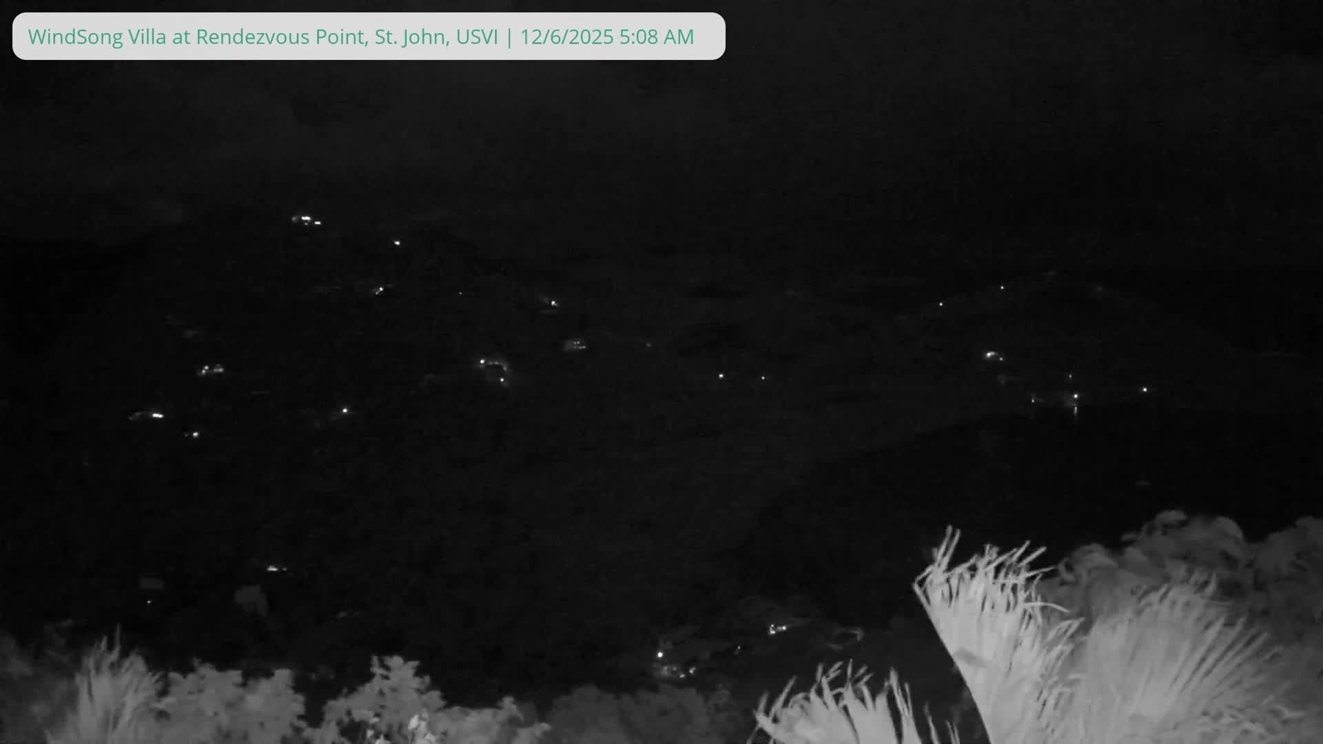 A dark, clear night scene reveals scattered lights from buildings across a hilly, forested landscape, with illuminated foliage visible in the foreground.