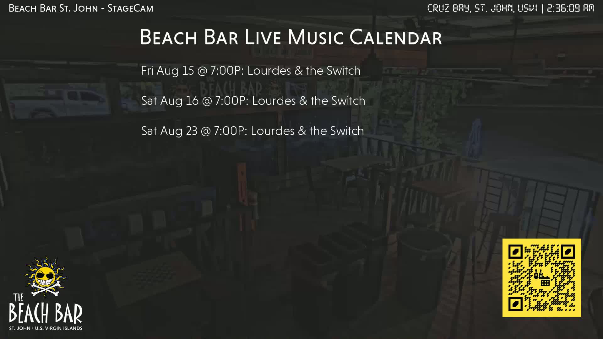 St. John, Cruz Bay The Beach Bar Stage Live Cam - Cruz Bay, St. John, United States Virgin Islands, USA