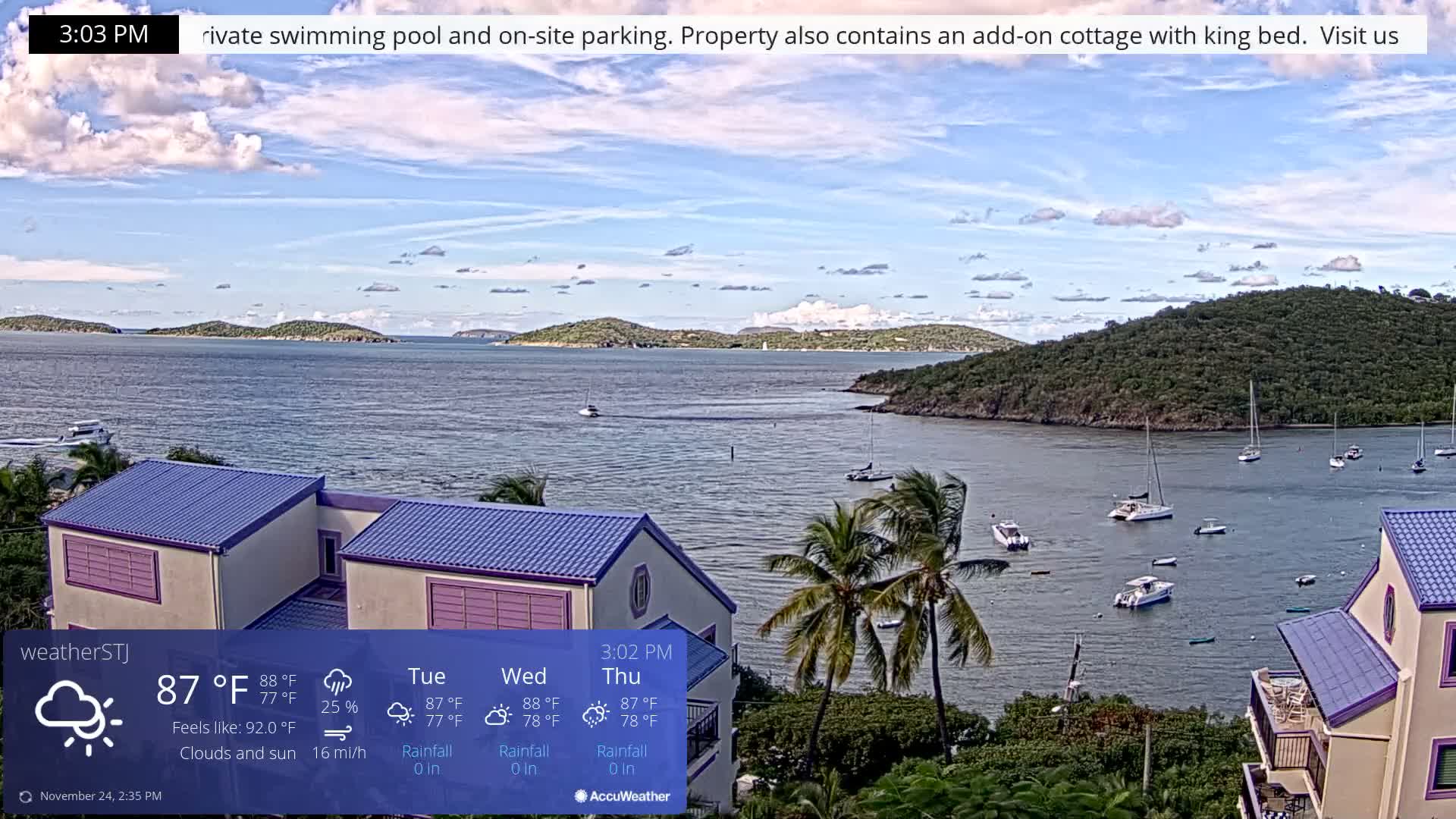 U.S Virgin Island, St John,  Mingo, Grass & Thatch Cay from Cruz Bay  Live Cam - Cruz Bay, St. John, United States Virgin Islands, USA