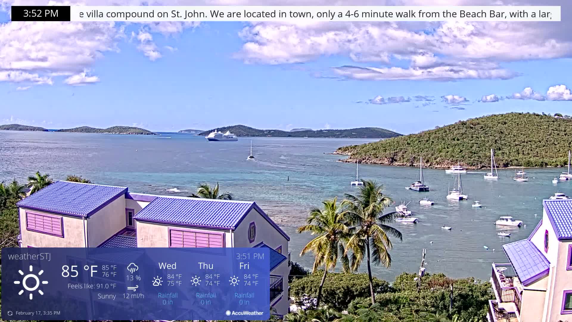 U.S Virgin Island, St John,  Mingo, Grass & Thatch Cay from Cruz Bay  Live Cam - Cruz Bay, St. John, United States Virgin Islands, USA