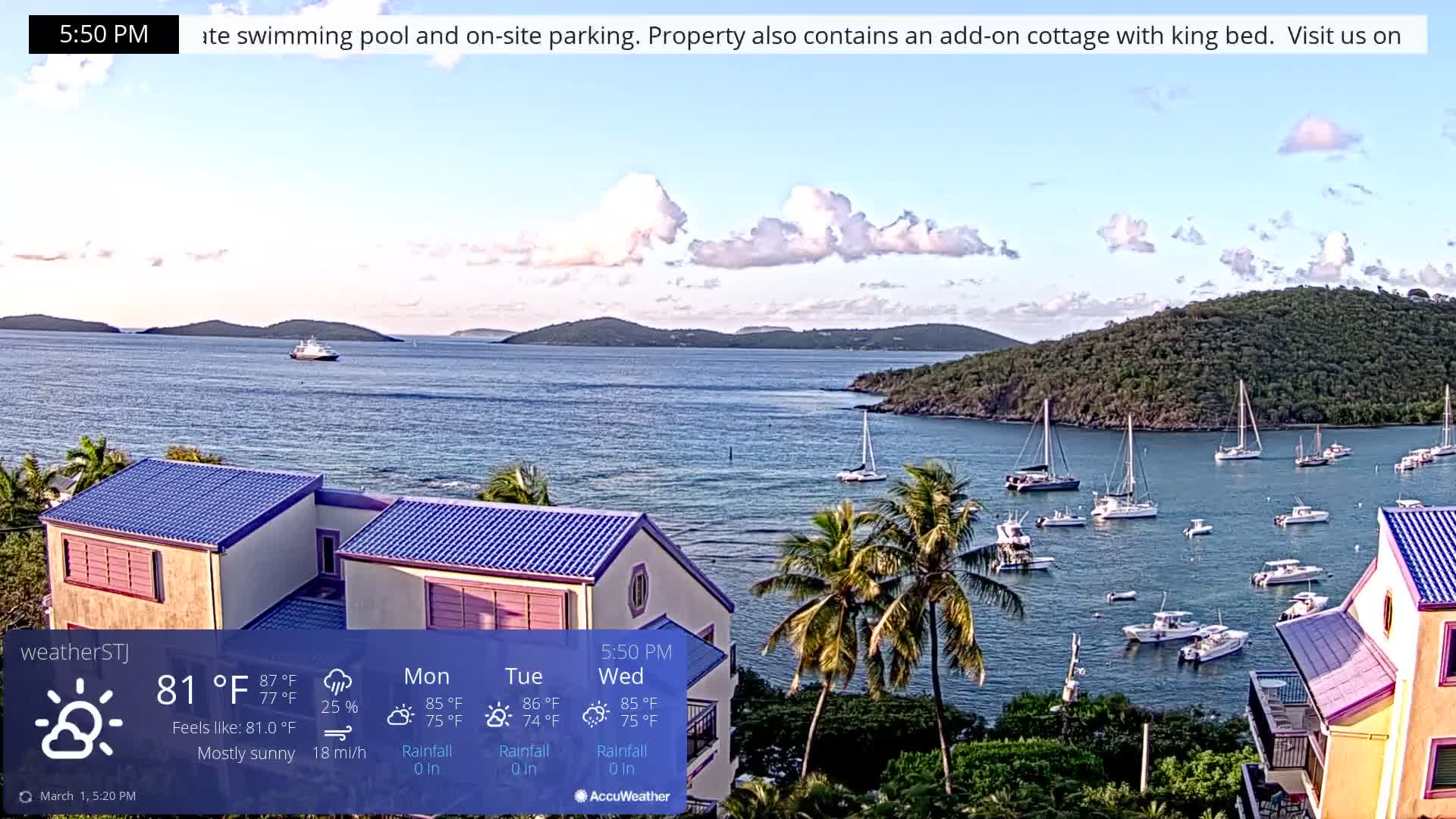 U.S Virgin Island, St John,  Mingo, Grass & Thatch Cay from Cruz Bay  Live Cam - Cruz Bay, St. John, United States Virgin Islands, USA