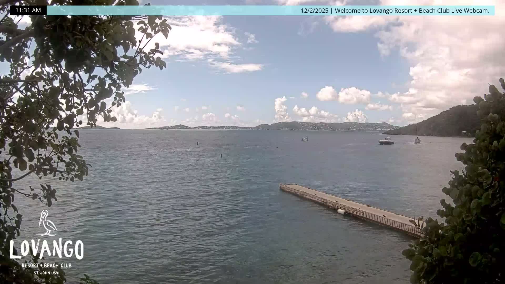 On a sunny day with scattered clouds, a bay is visible with a long pier, a powerboat, a sailboat, and distant green islands, framed by dark green tree foliage.