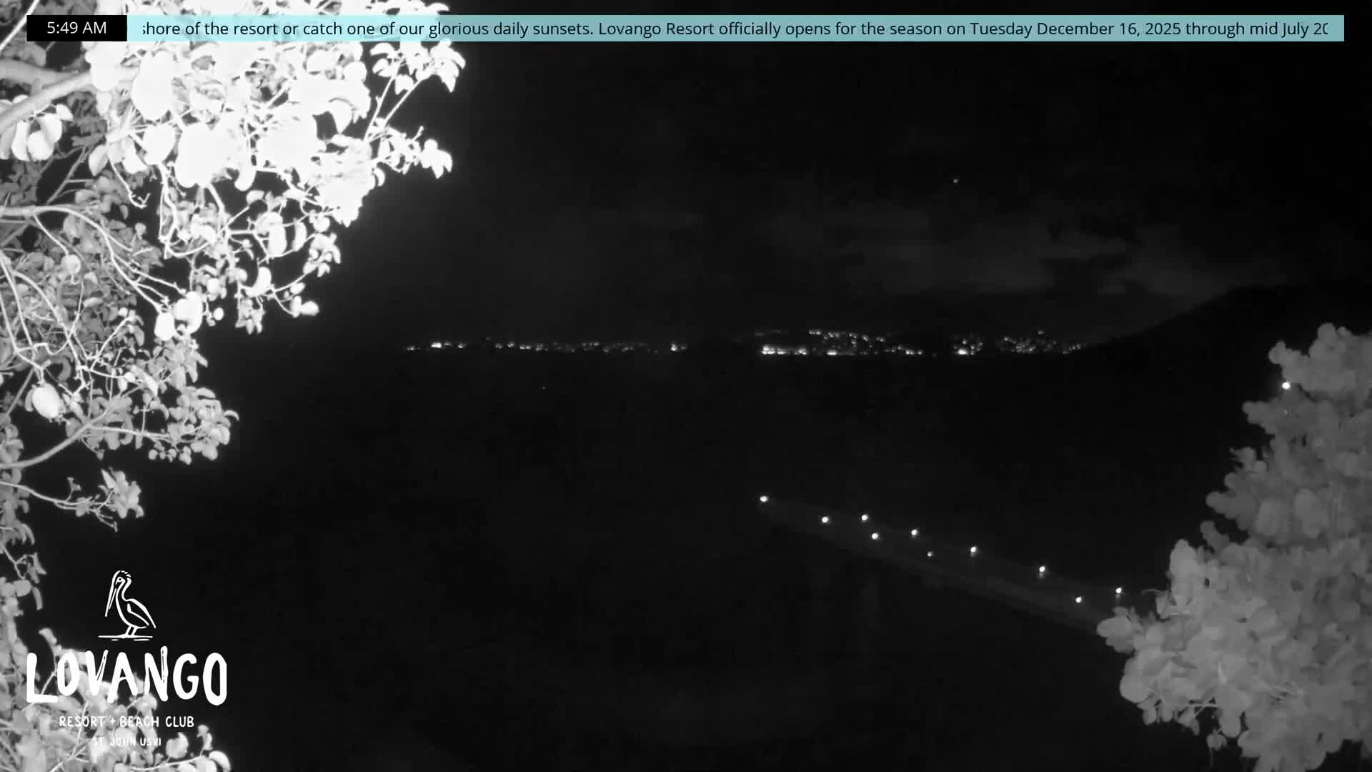 A dark nighttime scene reveals bright tree foliage framing a calm body of water with a lighted pier, distant city lights along a coastline, and a dark mountain under a partly cloudy sky at 5:49 AM.