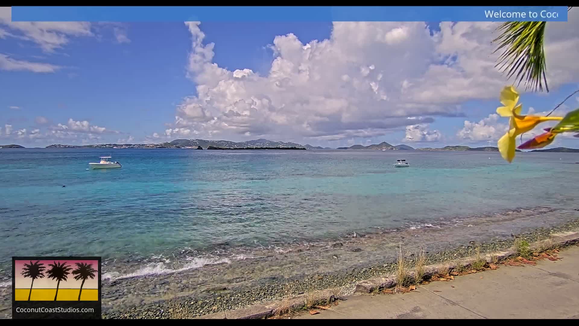 A clear turquoise tropical sea, dotted with two small white boats, gently washes against a rocky shoreline beneath a bright blue sky with scattered white cumulus clouds, while distant green islands frame the horizon and a yellow tropical flower appears in the upper right foreground.