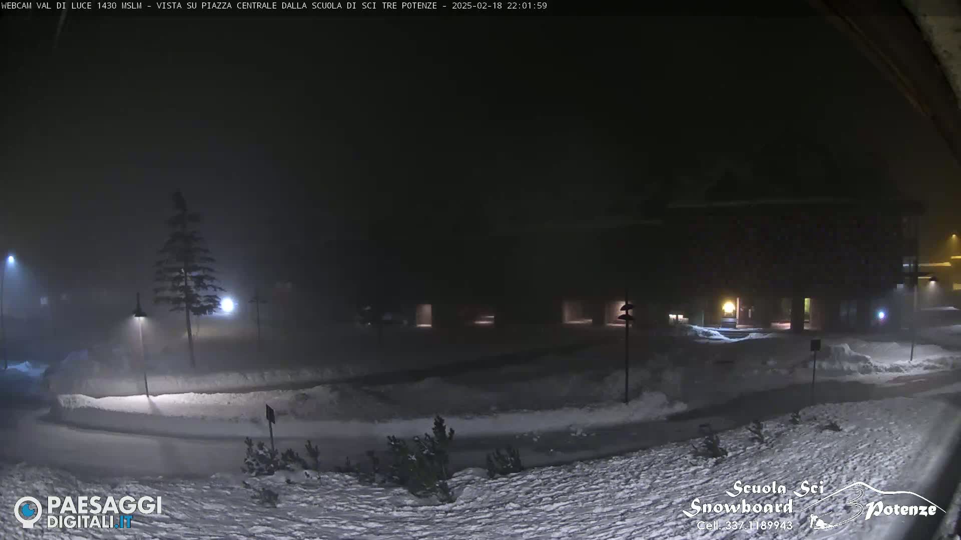 A snow-covered, foggy nighttime scene shows a building, streetlights, and some small trees.