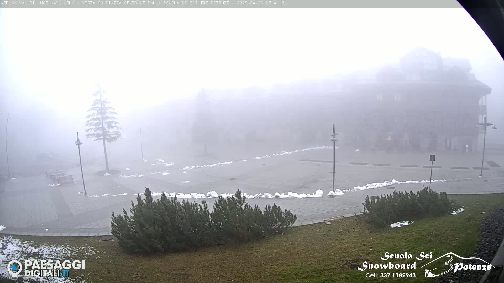 A foggy, snowy plaza is visible, with a large building shrouded in mist in the background, small patches of snow scattered around the ground, and a lone evergreen tree in the foreground.