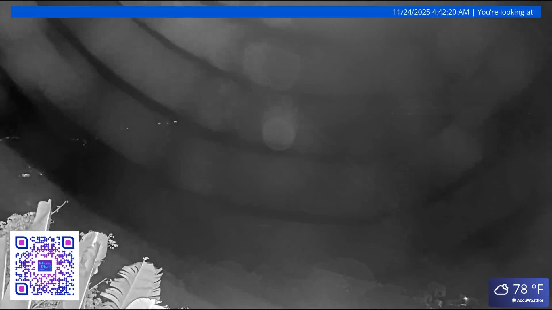 A dark, grainy night vision image reveals an expansive, undulating dark surface, possibly water or land, with indistinct foliage visible in the bottom left, under outdoor conditions of 78°F.