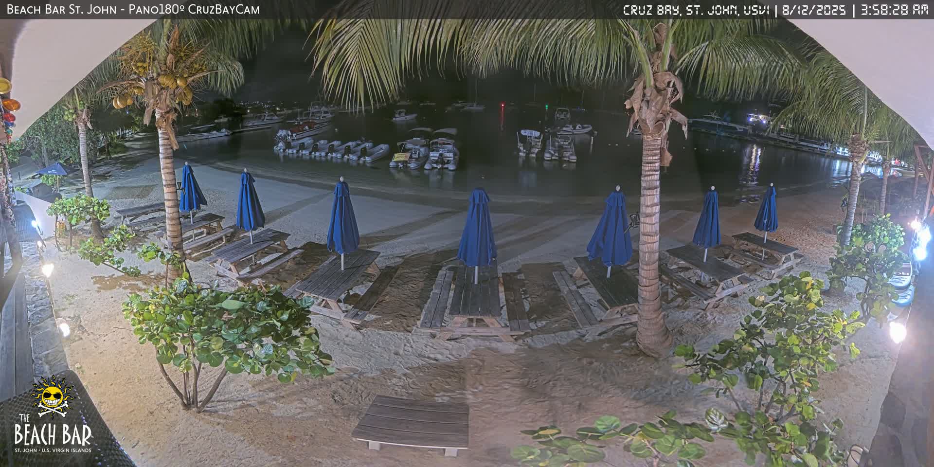 A nighttime view of a sandy beach with several picnic tables under blue umbrellas, palm trees, and a calm body of water with boats visible in the background.