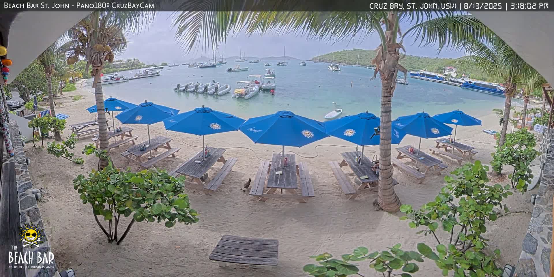 A beachside bar with picnic tables under blue umbrellas overlooks a calm bay filled with boats on an overcast day.