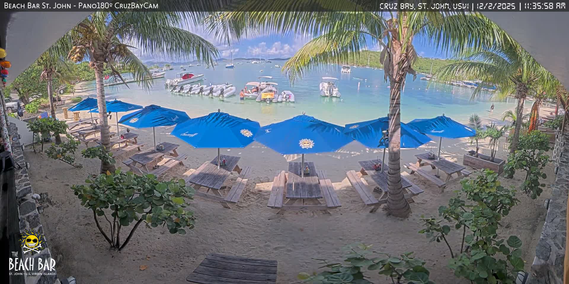 A sunny day over a tropical bay features calm turquoise water dotted with numerous boats, a sandy beach with wooden picnic tables shaded by blue umbrellas, and lush palm trees beneath a clear blue sky.
