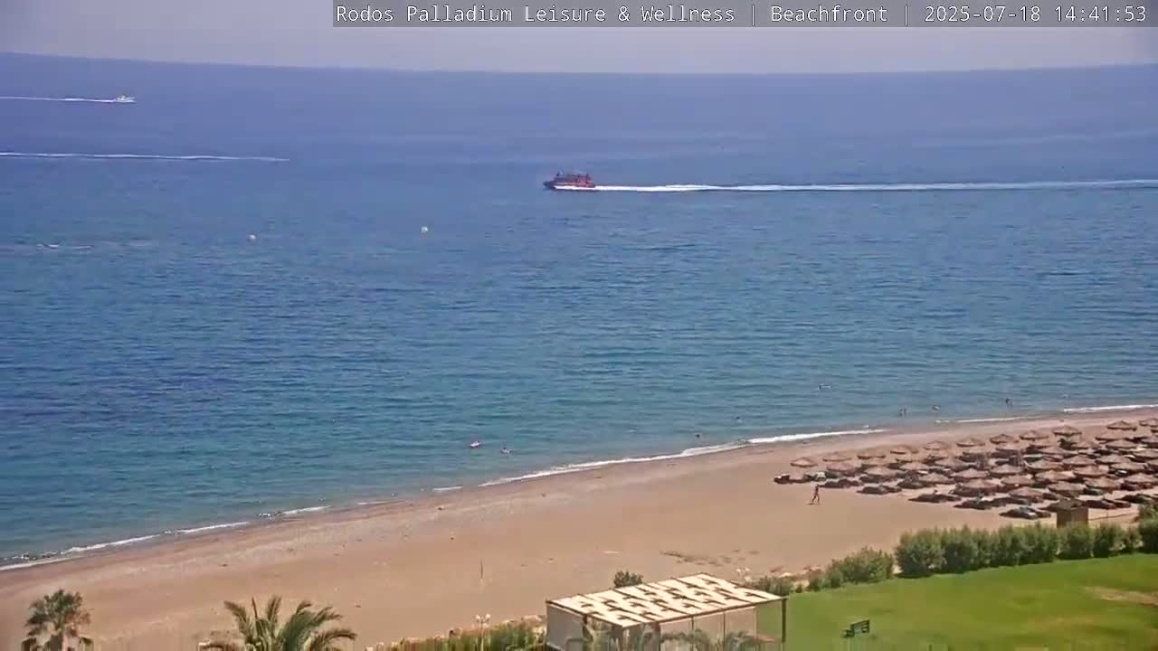 Rhodes, Paralia Faliraki Beach Northeast Live Cam - Ammoudes, Rhodes (Ródos), Dodacanese, South Aegean (Periféreia Notíou Aigaíou), Greece