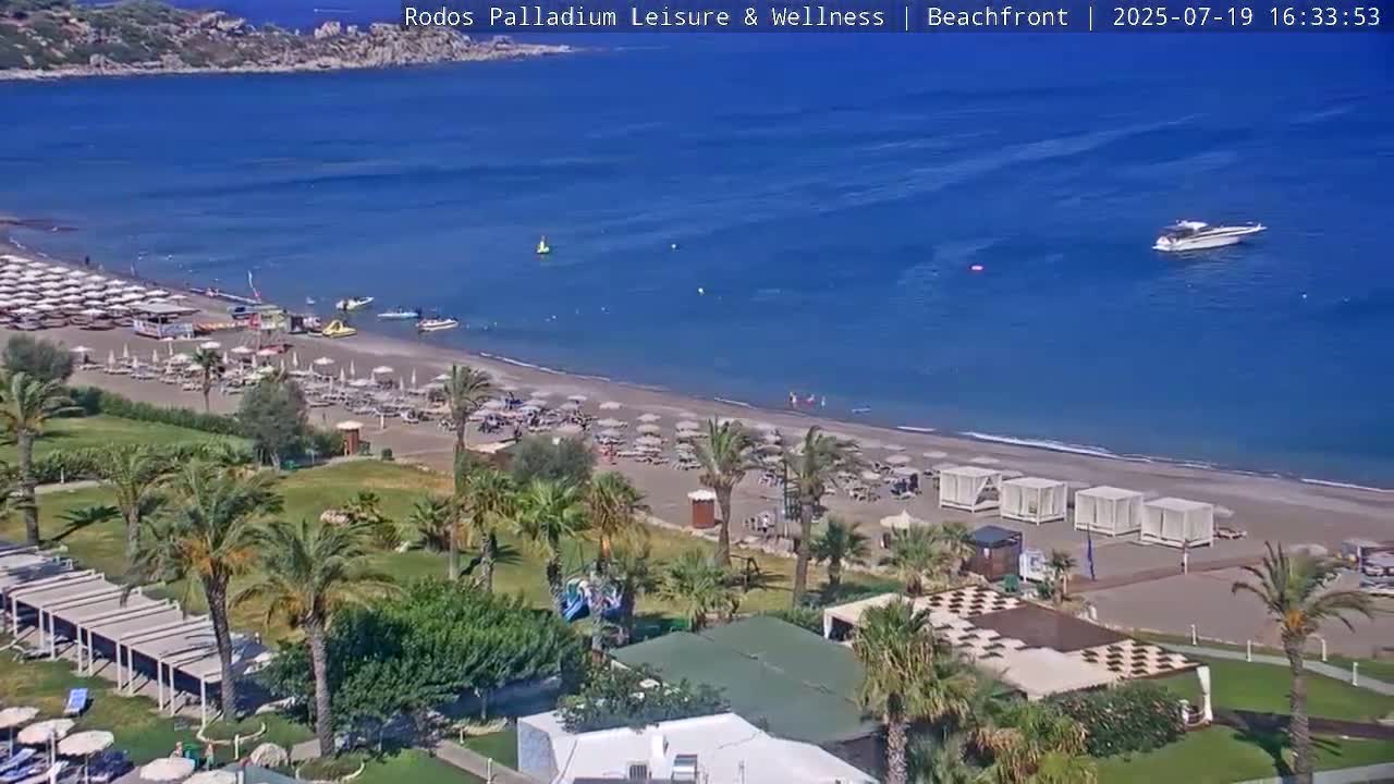Rhodes, Paralia Faliraki Beach Northeast Live Cam - Ammoudes, Rhodes (Ródos), Dodacanese, South Aegean (Periféreia Notíou Aigaíou), Greece