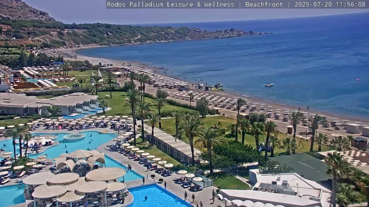 Rhodes, Paralia Faliraki Beach Northeast Live Cam - Ammoudes, Rhodes (Ródos), Dodacanese, South Aegean (Periféreia Notíou Aigaíou), Greece