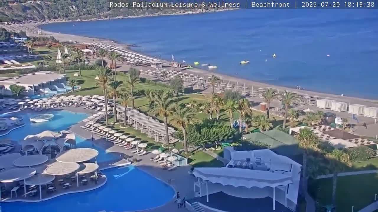 Rhodes, Paralia Faliraki Beach Northeast Live Cam - Ammoudes, Rhodes (Ródos), Dodacanese, South Aegean (Periféreia Notíou Aigaíou), Greece