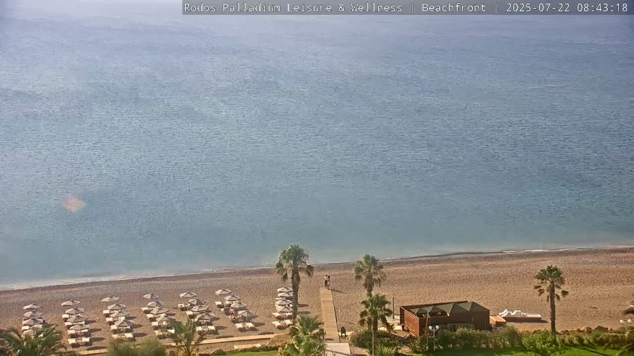 Rhodes, Paralia Faliraki Beach Northeast Live Cam - Ammoudes, Rhodes (Ródos), Dodacanese, South Aegean (Periféreia Notíou Aigaíou), Greece