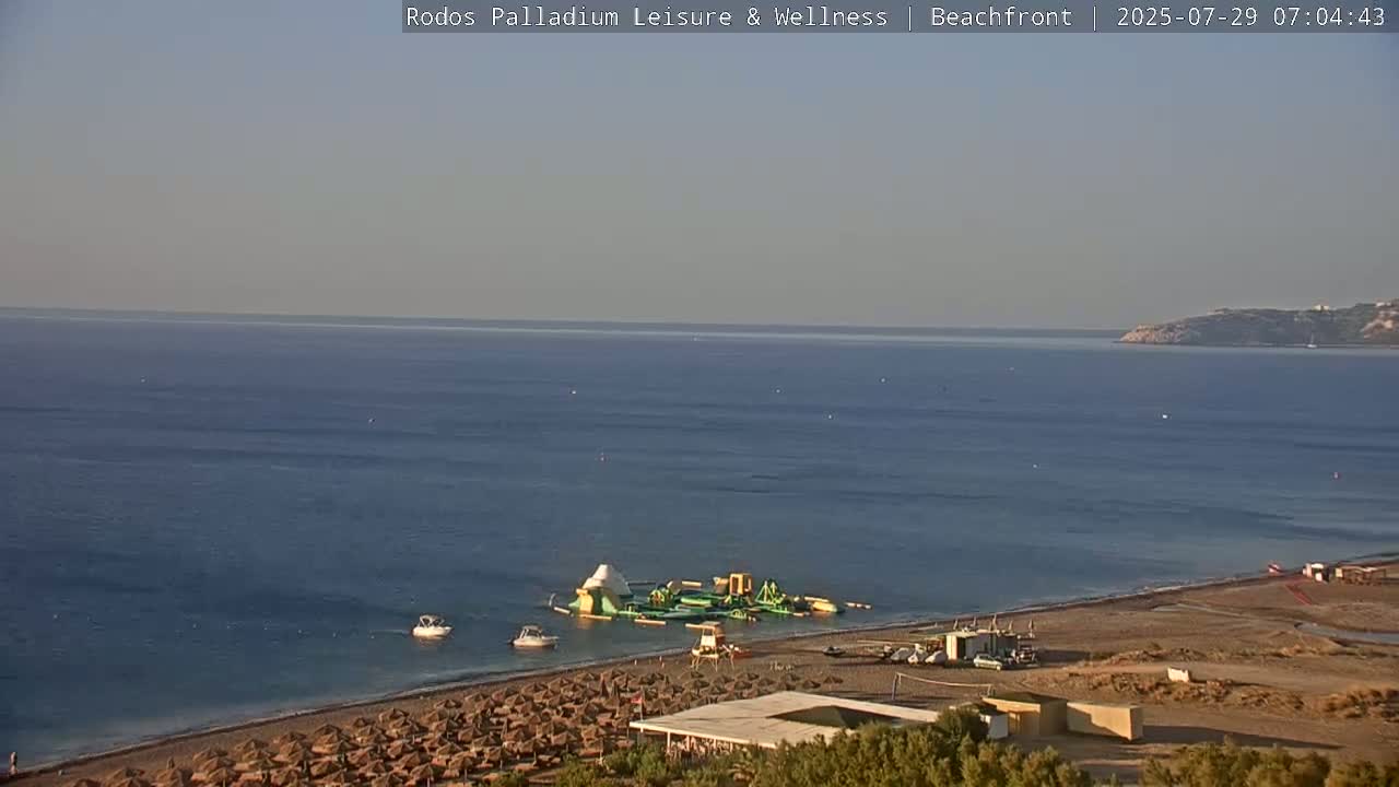 Rhodes, Paralia Faliraki Beach Northeast Live Cam - Ammoudes, Rhodes (Ródos), Dodacanese, South Aegean (Periféreia Notíou Aigaíou), Greece