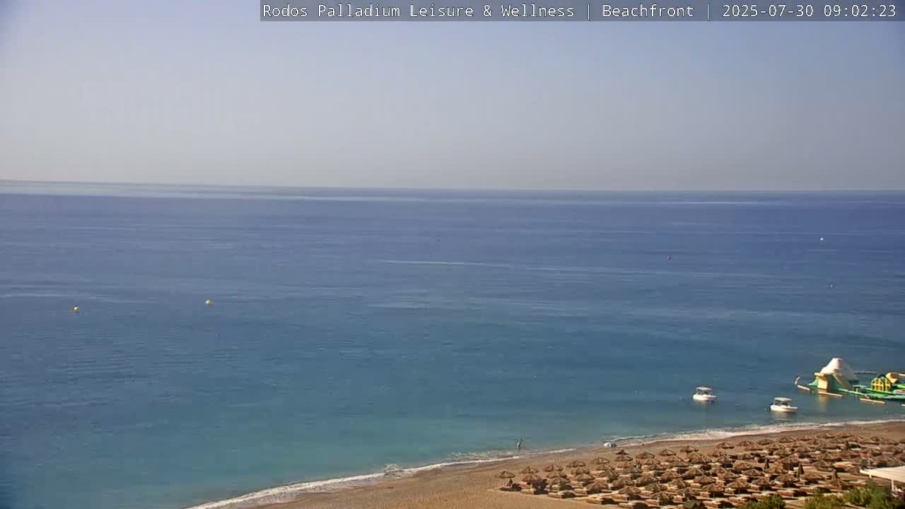 Rhodes, Paralia Faliraki Beach Northeast Live Cam - Ammoudes, Rhodes (Ródos), Dodacanese, South Aegean (Periféreia Notíou Aigaíou), Greece