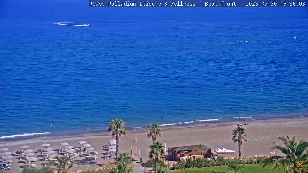Rhodes, Paralia Faliraki Beach Northeast Live Cam - Ammoudes, Rhodes (Ródos), Dodacanese, South Aegean (Periféreia Notíou Aigaíou), Greece