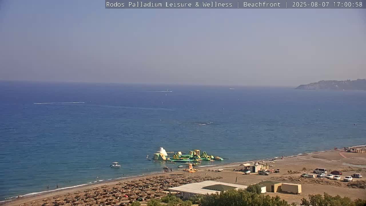 Rhodes, Paralia Faliraki Beach Northeast Live Cam - Ammoudes, Rhodes (Ródos), Dodacanese, South Aegean (Periféreia Notíou Aigaíou), Greece