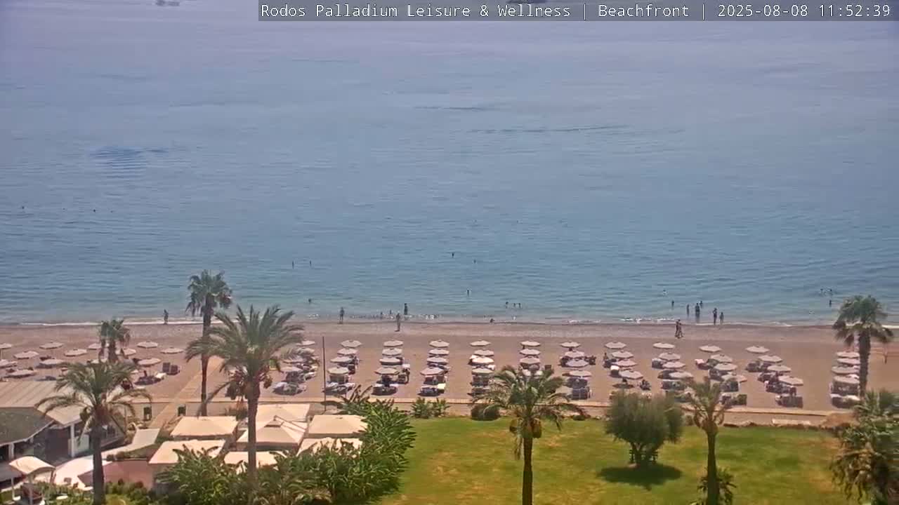 Rhodes, Paralia Faliraki Beach Northeast Live Cam - Ammoudes, Rhodes (Ródos), Dodacanese, South Aegean (Periféreia Notíou Aigaíou), Greece