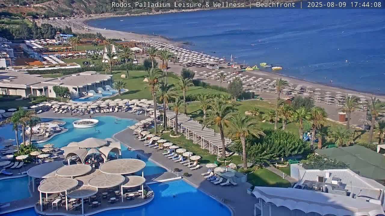 Rhodes, Paralia Faliraki Beach Northeast Live Cam - Ammoudes, Rhodes (Ródos), Dodacanese, South Aegean (Periféreia Notíou Aigaíou), Greece