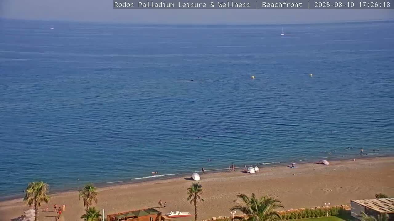 Rhodes, Paralia Faliraki Beach Northeast Live Cam - Ammoudes, Rhodes (Ródos), Dodacanese, South Aegean (Periféreia Notíou Aigaíou), Greece