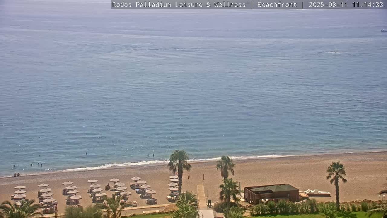 Rhodes, Paralia Faliraki Beach Northeast Live Cam - Ammoudes, Rhodes (Ródos), Dodacanese, South Aegean (Periféreia Notíou Aigaíou), Greece