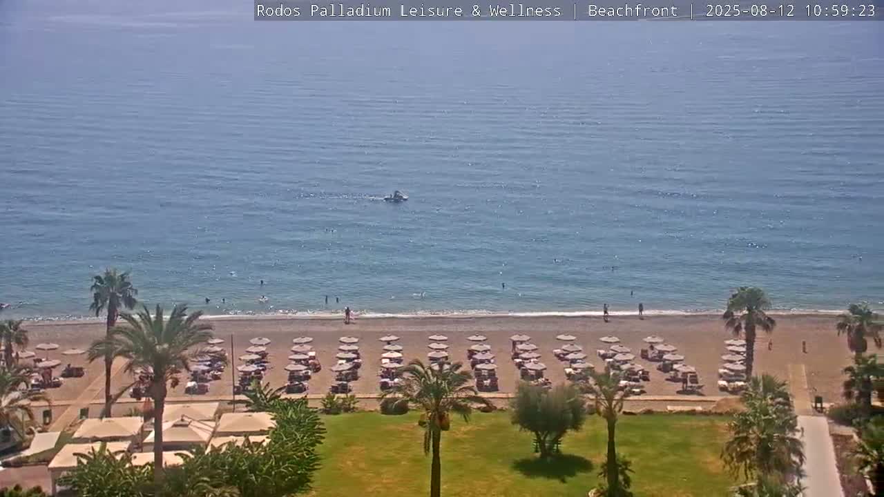 An overhead view shows a sandy beach with many umbrellas and lounge chairs, palm trees, a calm blue sea with a jet ski, and a few people swimming and walking.