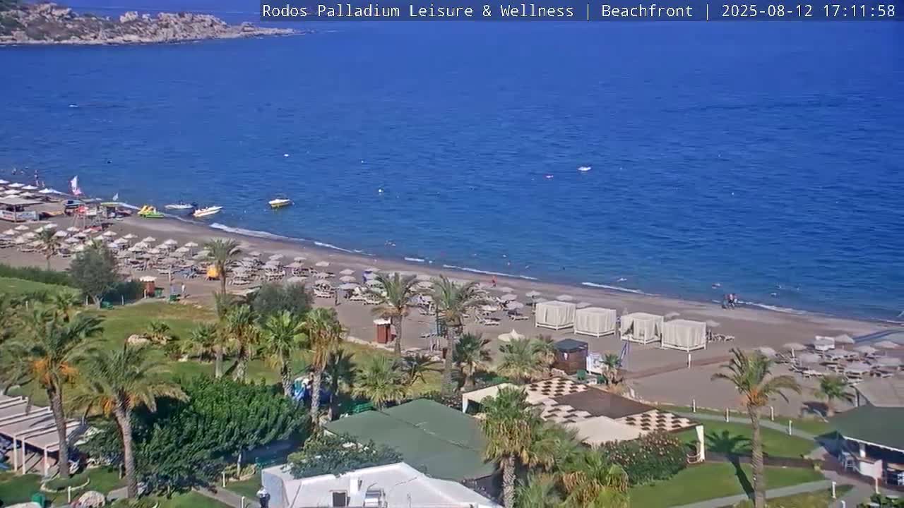 Rhodes, Paralia Faliraki Beach Northeast Live Cam - Ammoudes, Rhodes (Ródos), Dodacanese, South Aegean (Periféreia Notíou Aigaíou), Greece