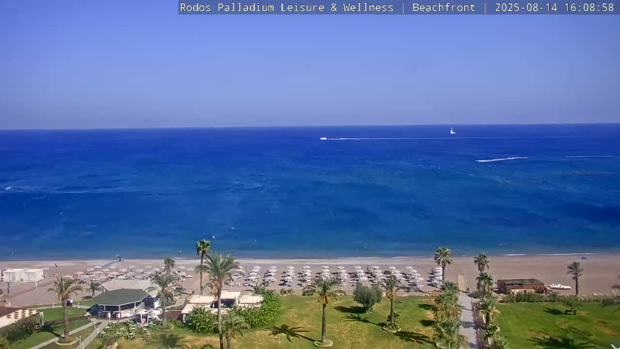 Rhodes, Paralia Faliraki Beach Northeast Live Cam - Ammoudes, Rhodes (Ródos), Dodacanese, South Aegean (Periféreia Notíou Aigaíou), Greece