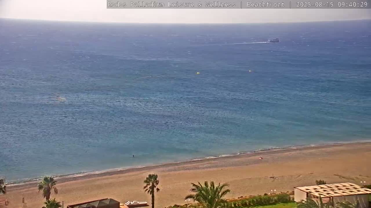 Rhodes, Paralia Faliraki Beach Northeast Live Cam - Ammoudes, Rhodes (Ródos), Dodacanese, South Aegean (Periféreia Notíou Aigaíou), Greece