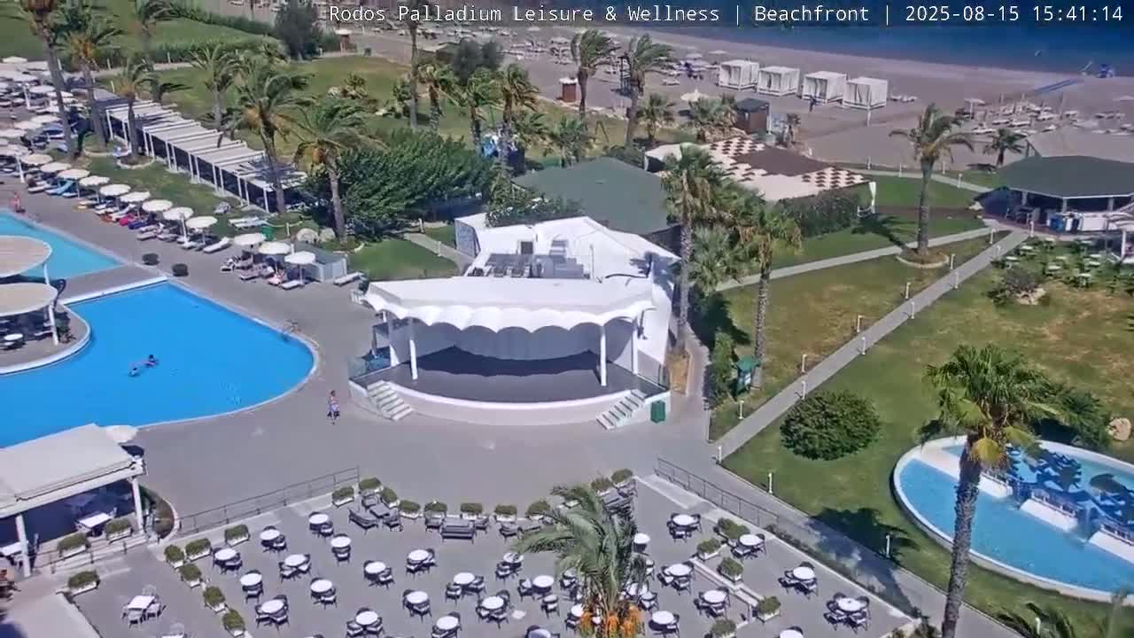 A sunny day shows a beach with rows of lounge chairs and umbrellas, a calm sea with some people swimming, and palm trees bordering a grassy area.