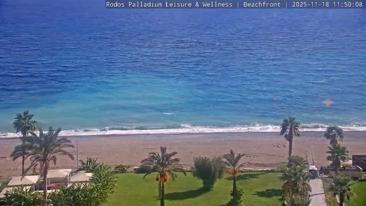 Rhodes, Paralia Faliraki Beach Northeast Live Cam - Ammoudes, Rhodes (Ródos), Dodacanese, South Aegean (Periféreia Notíou Aigaíou), Greece