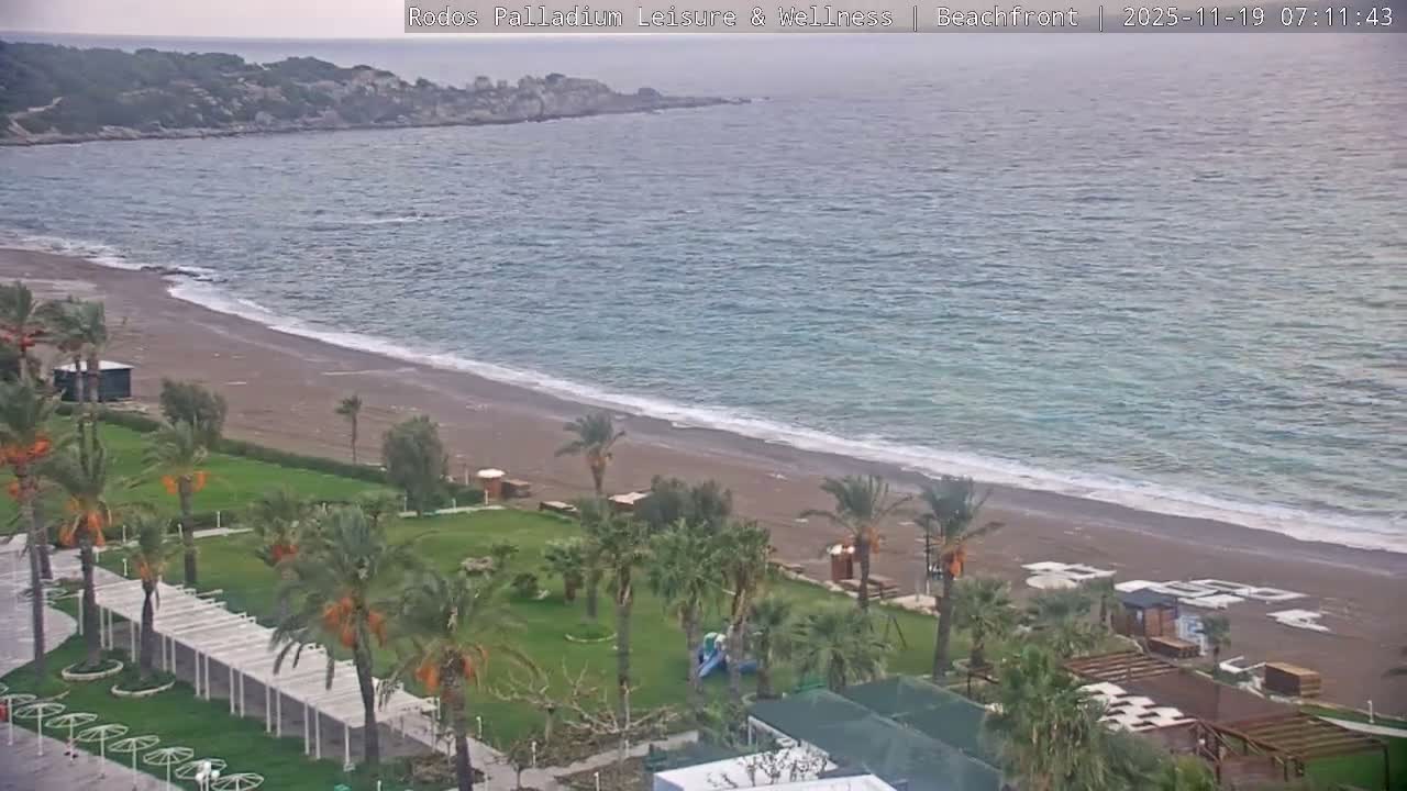 Rhodes, Paralia Faliraki Beach Northeast Live Cam - Ammoudes, Rhodes (Ródos), Dodacanese, South Aegean (Periféreia Notíou Aigaíou), Greece