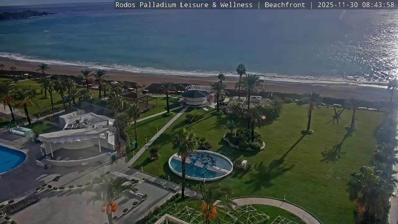 Rhodes, Paralia Faliraki Beach Northeast Live Cam - Ammoudes, Rhodes (Ródos), Dodacanese, South Aegean (Periféreia Notíou Aigaíou), Greece