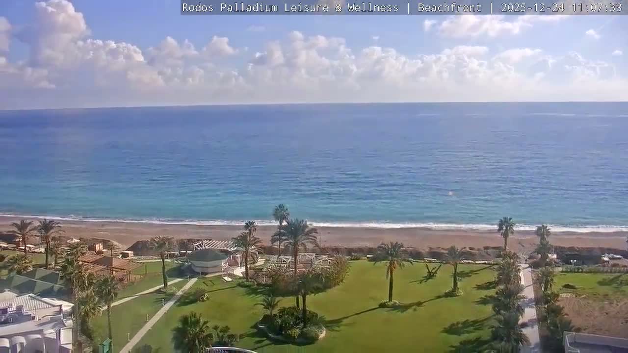 Rhodes, Paralia Faliraki Beach Northeast Live Cam - Ammoudes, Rhodes (Ródos), Dodacanese, South Aegean (Periféreia Notíou Aigaíou), Greece