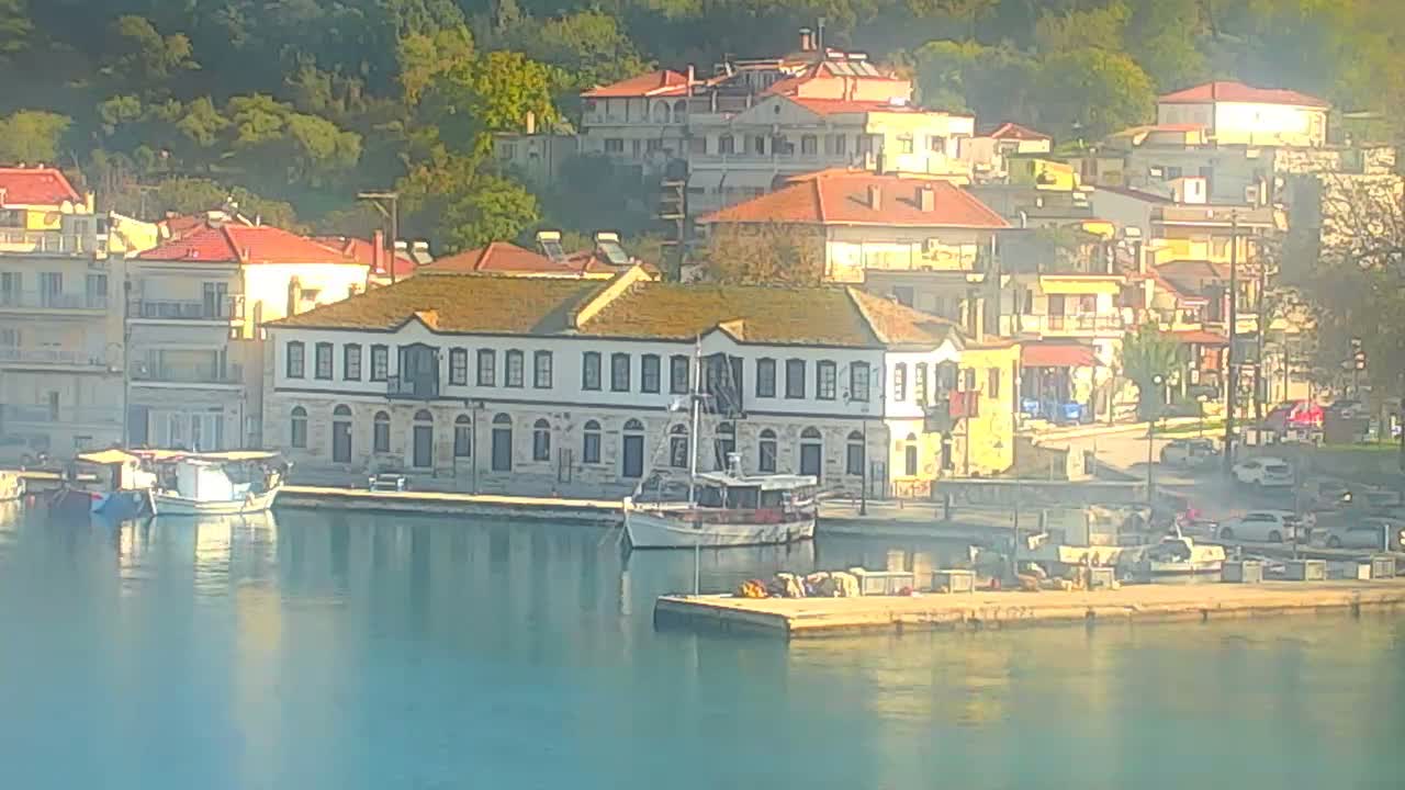 A vibrant coastal town features a calm harbor with boats moored alongside a grand white building and other structures with terracotta roofs, all nestled against a lush green hillside under bright, sunny conditions with a slight atmospheric haze.