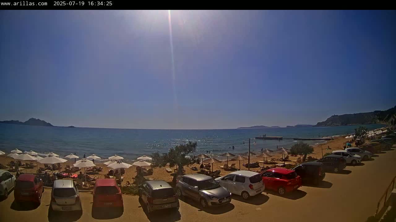 Corfu, Paralia Arillas Beach Live Cam - Arillas Agiou Georgiou, North Corfu (Vóreia Kérkyra), Corfu (Kérkyra), Ionian Islands (Periféreia Ioníon Níson), Greece