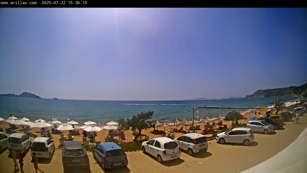 Corfu, Paralia Arillas Beach Live Cam - Arillas Agiou Georgiou, North Corfu (Vóreia Kérkyra), Corfu (Kérkyra), Ionian Islands (Periféreia Ioníon Níson), Greece